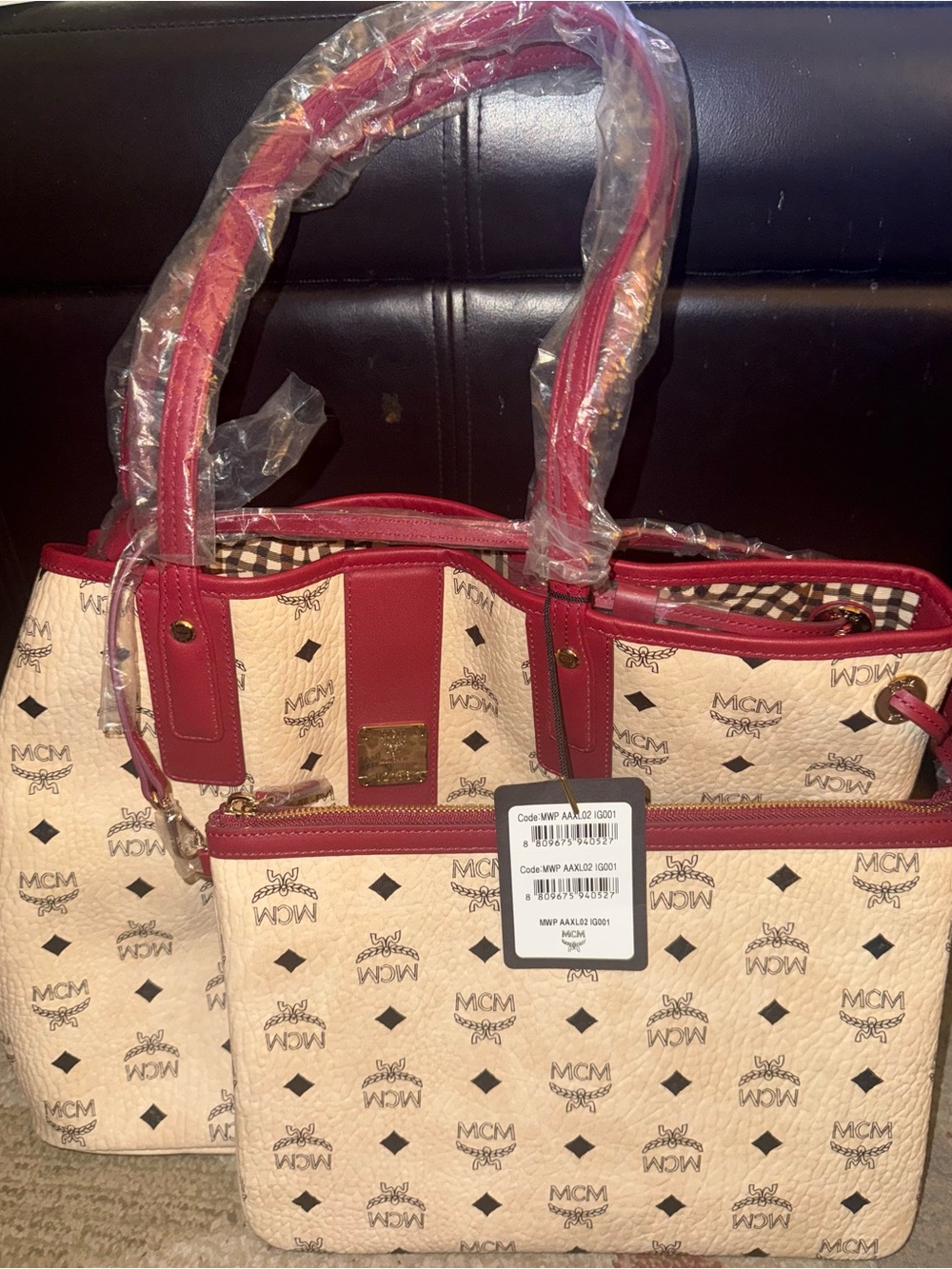 MCM Beige Tote with Red Trim and Matching Pouch